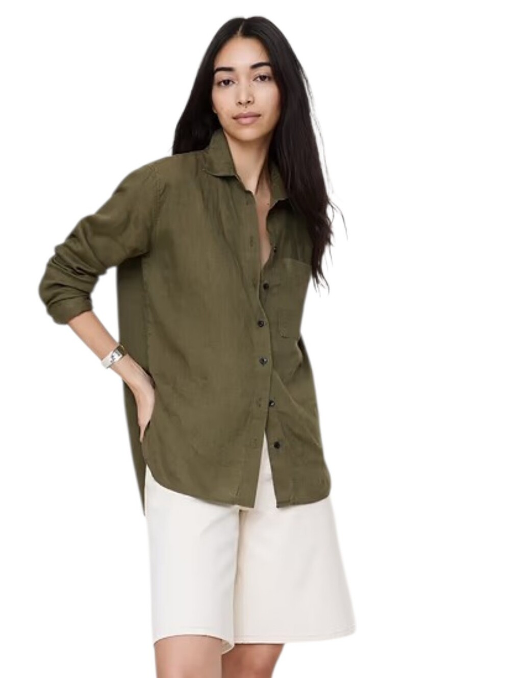 Banana Republic Oversized Boyfriend Shirt Small Fresh Olive Green 100% Linen